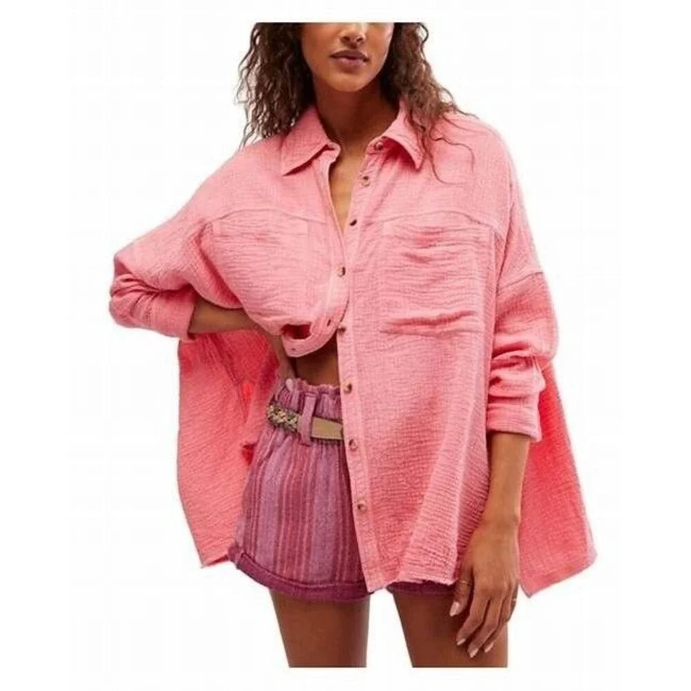 Free People We The Free Cardiff Gauzy Tunic Top Oversized Buttondown XS 280024